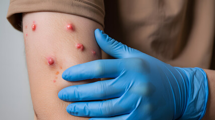 A medical professional examines a patient's arm with a rash
