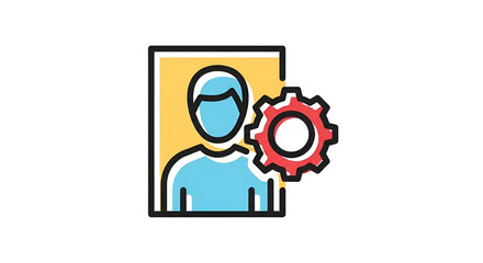 Icon of a person framed, next to a gear, set against black background