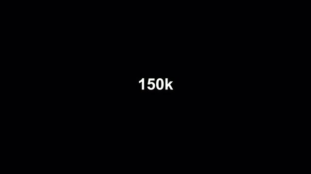Number counter animation from 0k to 150k on a transparent background, Number counter animation from zero to one fifty hundred thousand views with alpha channel

