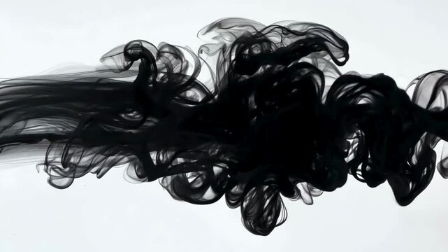 Elegant black ink cloud spreading and swirling in clear water against a white background.