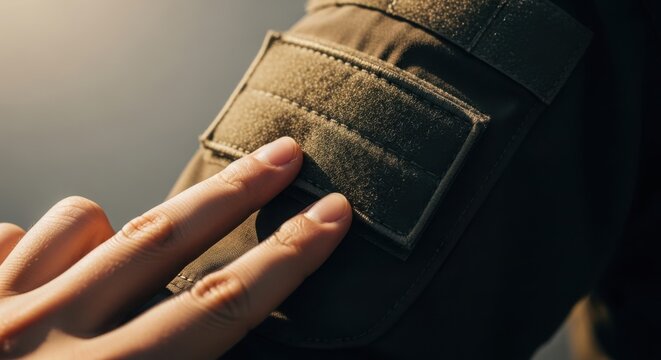 Hand touches sturdy tactical sleeve patch, adjusting gear detail on rugged outdoor jacket. Tactical sleeve patch provides secure attachment point for identification or equipment.