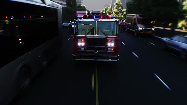 An fire engine, fire rescue driving fast on a city street. Realistic 4k animation.