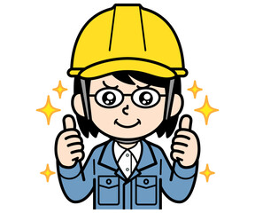 大満足しているヘルメットをかぶった現場監督の中年女性