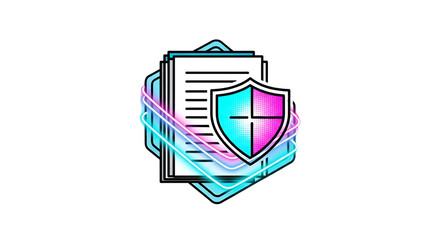 Documents protected by a shield with vibrant neon accents against black