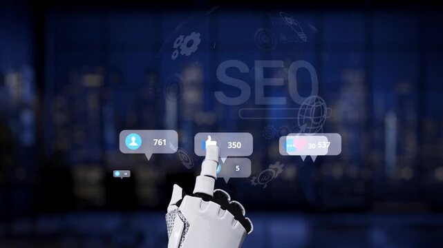 A futuristic hand interacts with social media metrics displayed in a digital environment, showcasing various analytics and statistics relevant to online communication. Synapse