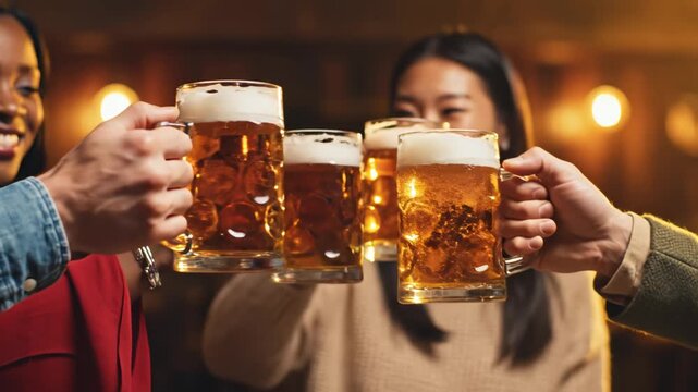 People clinking beer mugs in a bar