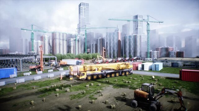 Mobile construction crane. Construction of a large industrial building or factory, building exterior. 4k animation.