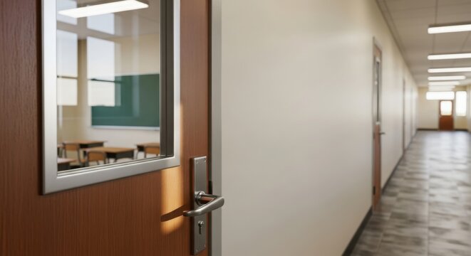 Bright school hallway with classroom door and window showing desks, blackboard inside. Long empty school hallway extends with light, creating academic environment.