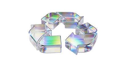 Transparent 3D rendered recycle symbol, prismatic refraction, on black background
