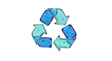3D recycle symbol with blue/aqua fluid & bubbles on black