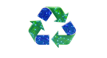 Electronic recycle symbol with blue circuits on a black background