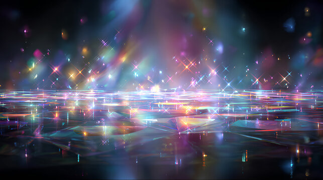surface with glowing holographic rainbow splash and lens effect light dispersion prism caustic shine sparkle in futuristic diamond poster style Stock Illustration