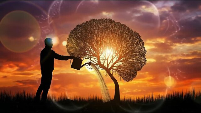 Silhouette man watering tree shaped like brain concept. Silhouette of man watering tree during vibrant colorful sunset with glowing sky and nature landscape