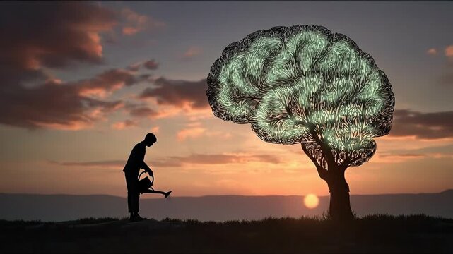 Silhouette man watering tree shaped like brain concept. Silhouette of person watering a brain shaped tree at sunset with creative mental growth concept