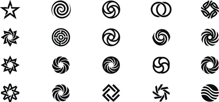 Grid of 20 abstract geometric black symbols featuring stars, spirals, circles, and interlocking shapes for design and branding