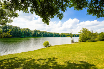 View of Lake Allner and the surrounding landscape. Nature by the lake near the town of Hennef.
