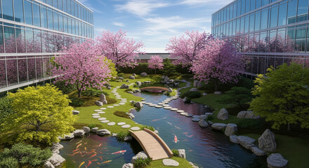 ビルの谷間の桜と新緑の日本庭園