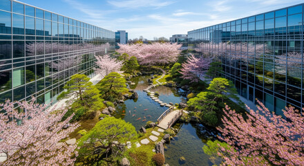 ビルの谷間の桜と新緑の日本庭園