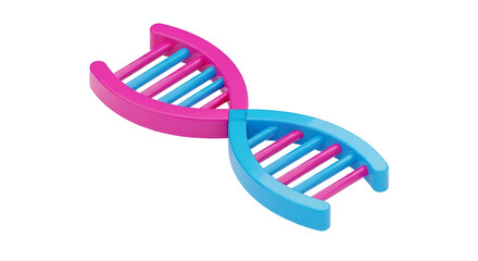 A 3D rendered DNA model, vibrant pink and blue, on a black backdrop
