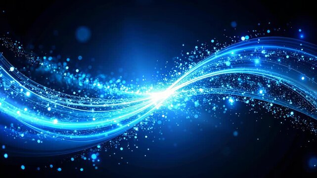 Abstract glowing blue light trails and particles flowing dynamically on dark background