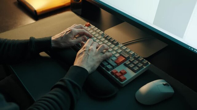 Man sitting at a computer and typing on a keyboard. High angle shot. Home office