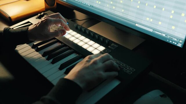 Music production. Man finger drumming on the drum pads of a MIDI keyboard. Home studio