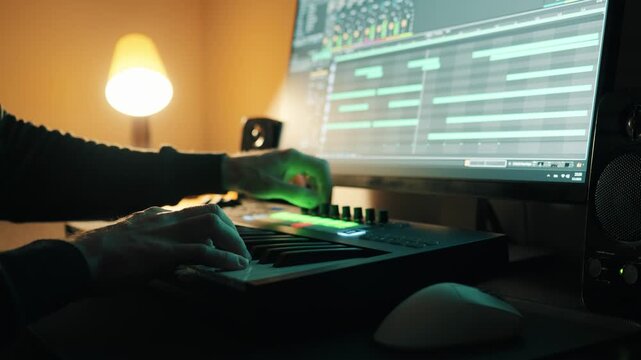Music production. Man playing a MIDI keyboard and adjusting its knobs. Home studio