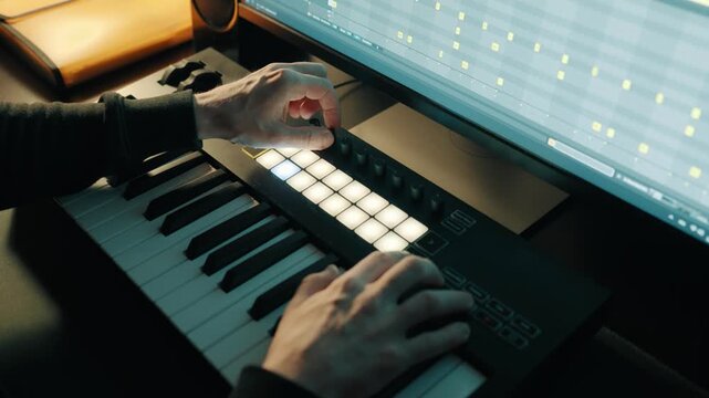 Music production. Man adjusting the knobs on a MIDI keyboard. Home studio