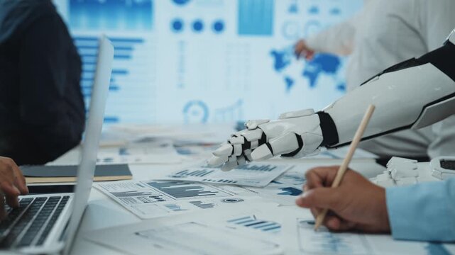 Professionals leverage AI technology for advanced market analytics, shaping targeted marketing strategies and collaborative teamwork. Noogenesis AI