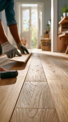 Hands working on installing oak wooden floorboards in a sunlit room, with tools visible and soft-focus background showing houseplants and furniture in a cozy atmosphere
