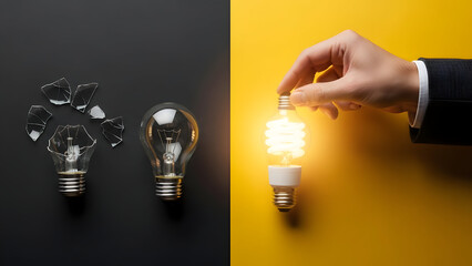 Split-screen illustration of broken and whole lightbulb with a hand holding a glowing lightbulb, symbolizing innovation and creativity