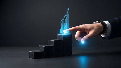 Professional hand in a suit points to a glowing blue graph on an elegant staircase, symbolizing upward progress in a dark corporate setting, side view
