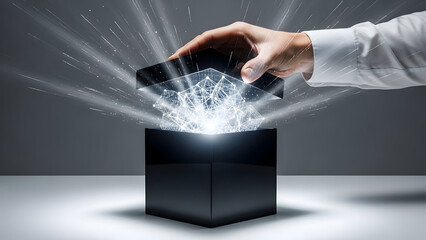 Dynamic close-up of a hand opening a black box, releasing a bright light burst against a gray gradient background, captured in dramatic photography