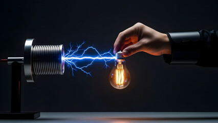 Close-up view of a hand holding a glowing lightbulb as electricity arcs from a metal object in a dark laboratory setting
