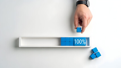 Top‑right hand placing a blue cube into a split white box with 100% bar, showing a black watch and surrounding cubes &ndash; overhead illustration view