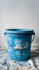Naklejka premium A large blue paint bucket with a wooden handle sits on a paint-splattered cloth surface. The bucket shows signs of use, with visible paint drips and smudges marking its surface