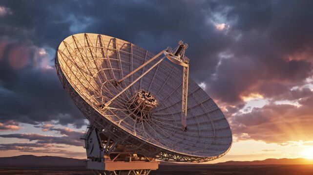 Large satellite dish under dramatic sky