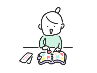 シール帳にカラフルなシールを貼って遊ぶ笑顔の女性の手描きのかわいい線画