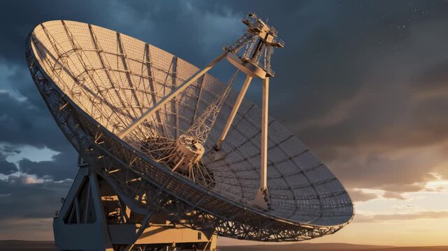 Large satellite dish under dramatic sky