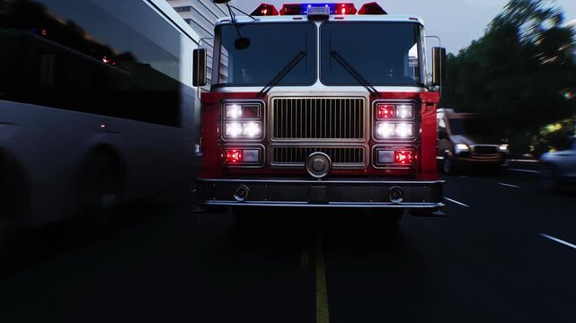 An fire engine, fire rescue driving fast on a city street. Realistic 4k animation.