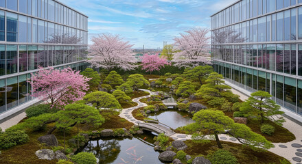 ビルの谷間の桜と新緑の日本庭園