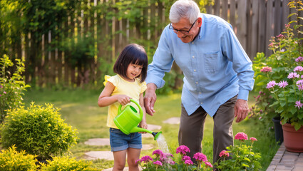 Girl with grandfather A joyful moment in the garden with flowers blooming