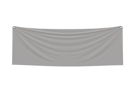 Realistic 3D render hanging banner mockup. Empty white cloth flag template with wrinkles and eyelets for advertising design