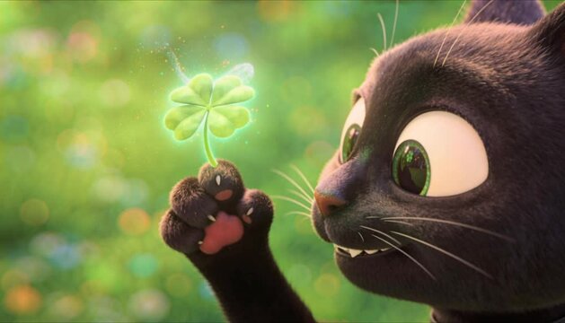 curious black cat paw tapping glowing clover perfect for st patrick's day