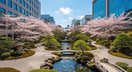 ビルの谷間の桜と新緑の日本庭園