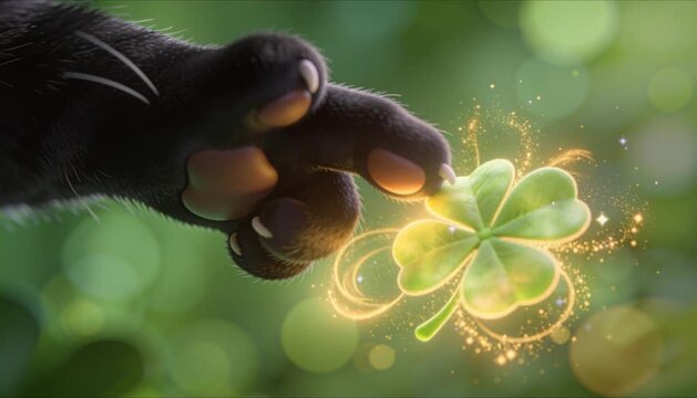 curious black cat paw tapping glowing clover perfect for st patrick's day