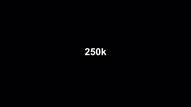 Number counter animation from 0k to 250k on a transparent background, Number counter animation from zero to twenty five hundred thousand views with alpha channel