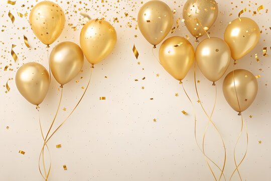 Luxury golden balloon border with soft confetti elegant celebration background with copy space