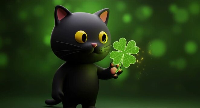 curious black cat paw tapping glowing clover perfect for st patrick's day