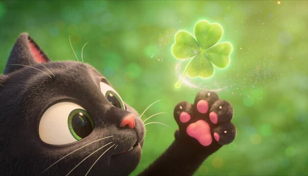 curious black cat paw tapping glowing clover perfect for st patrick's day